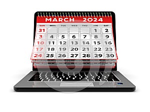 2024 year calendar. March calendar over laptop screen on a white background.
