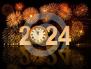 2024 year celebration with bright fireworks and clockface