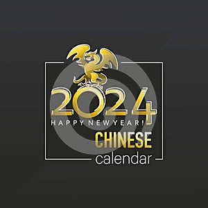 2024. Year Dragon. Square placard. Happy Chinese New Year. Zodiac sign. Golden Dragon