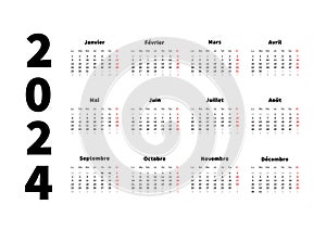 2024 year simple horizontal calendar in french language, typographic calendar isolated on white