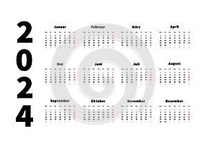 2024 year simple horizontal calendar in german language, typographic calendar isolated on white