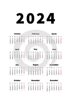 2024 year simple vertical calendar in english language, typographic calendar on white