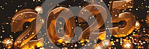 2025 - banner with gold colored numbers and confetti.