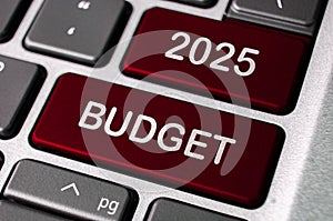 2025 budget words on laptop keyboard buttons. Budgeting and Business concept.