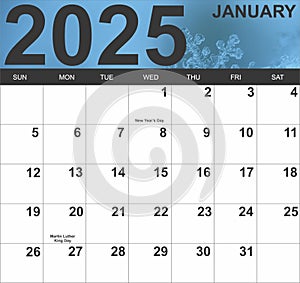 2025 Calendar for the month of January