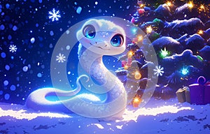 2025 A cartoon 3D snake is standing in front of a Christmas tree. The tree is decorated with many ornaments, including a