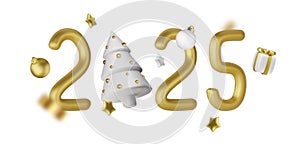 2025 Happy New Year. Realistic gift box Golden metal number. 3d render gold metallic sign and text letter. Christmas