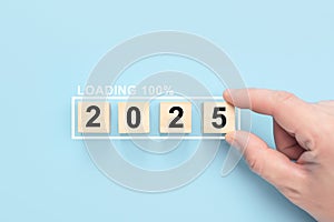 2025 loading bar progress on blue background. Happy new year 2025 loading bar of start goal, planning and strategy. 2024 to 2025