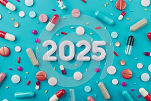 2025 medicine pills New Year background, 2025 drug greeting card, tablet design, medication banner