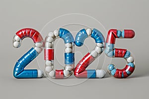 2025 medicine pills New Year background, 2025 drug greeting card, tablet design, medication banner