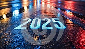 2025. New year 2025 or straight forward. Text 2025 written on wet night road in middle of asphalt with neon light. planning, goal