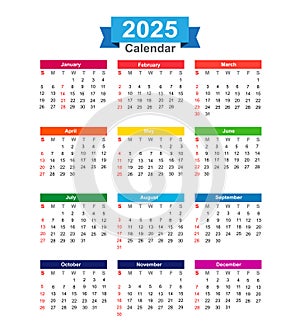 2025 Year calendar isolated on white background vector illustration