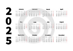 2025 year simple horizontal calendar in english, typographic calendar on white