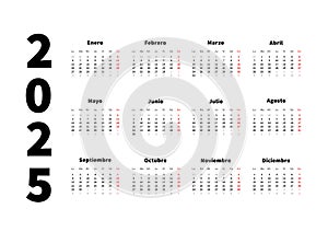 2025 year simple horizontal calendar in spanish, typographic calendar isolated on white