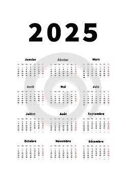 2025 year simple vertical calendar in french language, typographic calendar on white