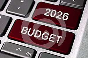 2026 budget words on laptop keyboard buttons. Budgeting and Business concept.