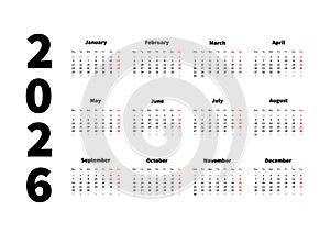 2026 year simple horizontal calendar in english, typographic calendar isolated on white