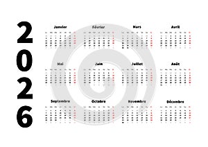 2026 year simple horizontal calendar in french, typographic calendar isolated on white