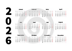 2026 year simple horizontal calendar in german, typographic calendar isolated on white