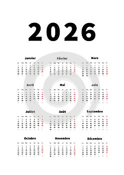 2026 year simple vertical calendar in french language, typographic calendar on white