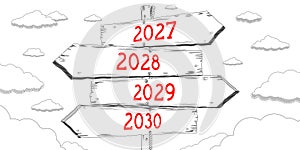 2027, 2028, 2029, 2030 - outline signpost with four arrows