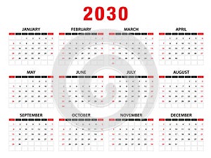 2030 Calendar year vector illustration. week starts on Sunday, Simple planner design template, desk calendar 2030 year, wall