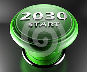 2030 START green push button on black background - 3D rendering illustration