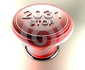 2031 STOP on red emergency push button - 3D rendering illustration