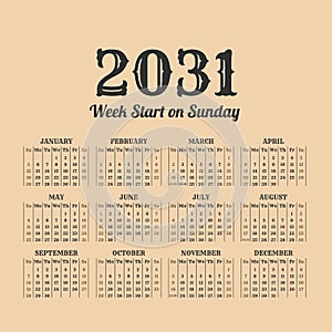 2031 year vintage calendar. Weeks start on sunday