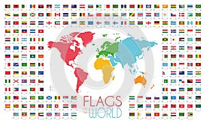 204 world flags with world map by continents vector illustration