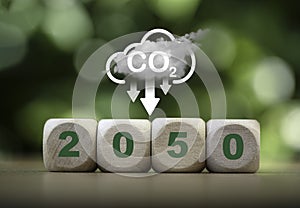 2050 with CO2 reducing icon on greenery background for decrease CO2 emission, carbon footprint and carbon credit to limit global