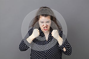 20s fat woman showing childish anger and tantrum