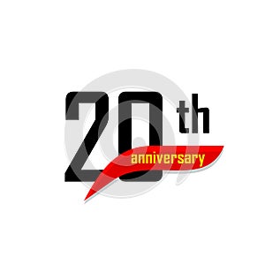 20th Anniversary abstract vector logo. Twenty Happy birthday day icon. Black numbers witth red boomerang shape with