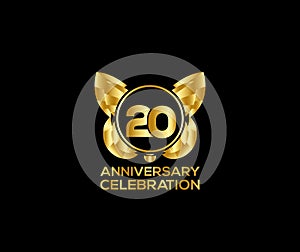 20th anniversary celebration day with gold color Light bright modern logo Design element