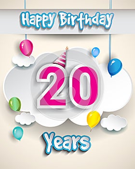 20th Anniversary Celebration Design, with clouds and balloons, confetti. Vector template elements for birthday celebration party