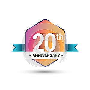 20th anniversary celebration isolated in colorful hexagon shape and blue ribbon colored, vector design