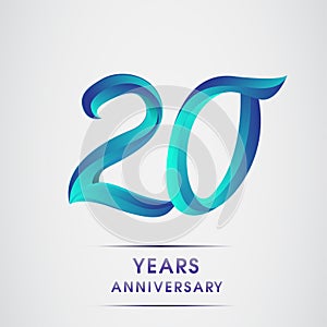 20th Anniversary celebration logotype blue colored isolated on white background. Design for invitation card, banner and greeting