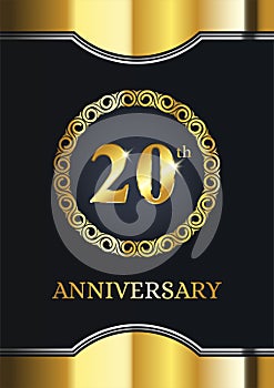 20th anniversary celebration. Luxury celebration template with golden decoration on black background