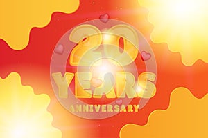 20th Anniversary celebration. Orange numbers and text with sparkling glitters with hearts on the red background. Greeting Card for