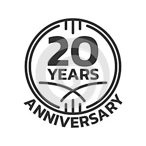 20th Anniversary logo or icon. 20 years round stamp design. Birthday celebrating, jubilee circle badge or label template.