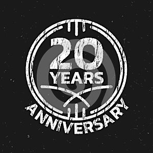 20th Anniversary logo or icon. 20 years round stamp design with grunge, rough texture. Birthday celebrating, jubilee