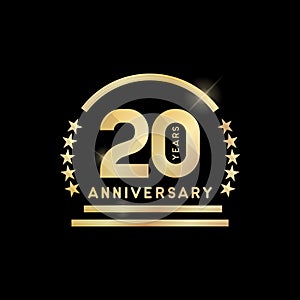 20th year anniversary golden emblem. Vector icon.