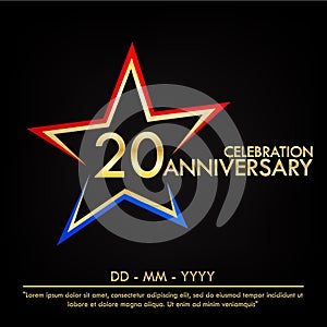 20th years anniversary celebration emblem. anniversary elegance golden logo with red and blue star shape. vector illustration