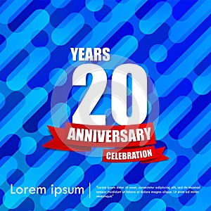 20th years anniversary celebration emblem. anniversary elegance logo with red ribbon on blue liquid abstract background, vector