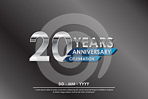 20th years anniversary celebration emblem. anniversary elegance silver logo isolated with blue ribbon, vector illustration
