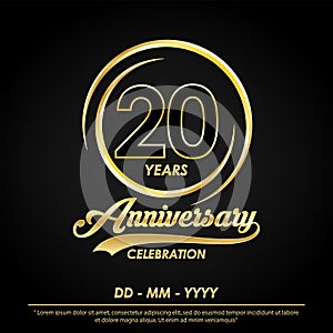 20th years anniversary celebration emblem. anniversary logo with elegance of golden ring on black background, vector illustration