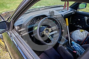 21-05-2021 Riga Latvia sports car interior with roll cage and drift handbrake night photography