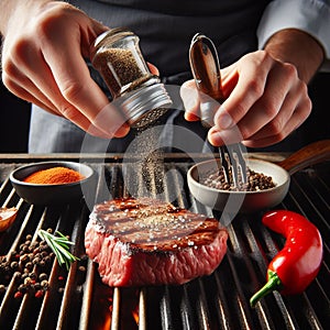 21 6. Close-up of a chef seasoning a sizzling steak on a gril