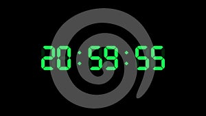 21 hour o`clock digital clock. Seconds count to twenty one. Numerical electronic green display screen