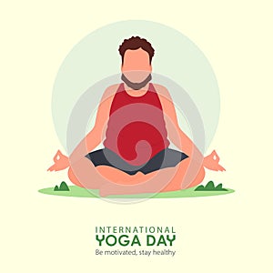 21 June International Yoga Day banner or poster with plus size man in meditation yoga poses on greensward.